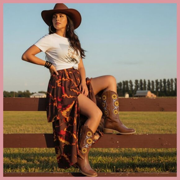 Faux Leather Mid Calf Cowboy Boots with Sunflower Embroidery, Square Toe - Picture 2 of 7